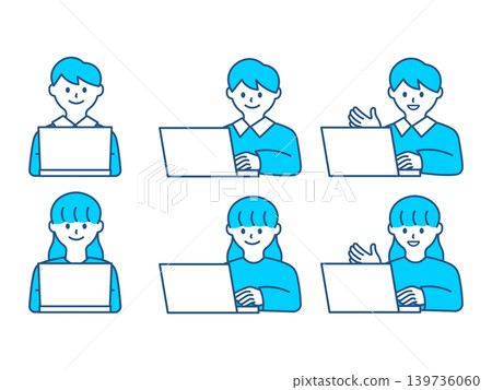 Icon illustration of a young man and woman using a laptop computer. Icon illustration of a young man and woman using a laptop computer. 139736060