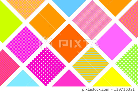 Geometric patterns, squares, dots, stripes, grid patterns, pink, orange, green Geometric patterns, squares, dots, stripes, grid patterns, pink, orange, green 139736351