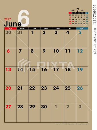 2027 年星期日開始的月曆,2027 年 6 月日曆,牛皮紙。 2027 年星期日開始的月曆,2027 年 6 月日曆,牛皮紙。 139736605