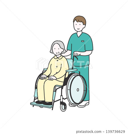A male nurse assisting an elderly person in a wheelchair. (Illustration of caregiving/medical services) A male nurse assisting an elderly person in a wheelchair. (Illustration of caregiving/medical services) 139736629