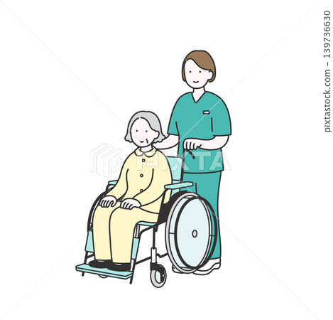 Illustration material for a caregiving scene assisting with wheelchair mobility. 139736630