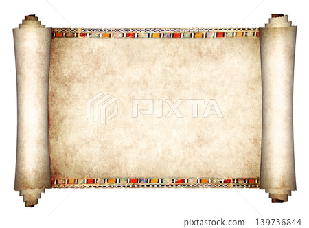 Weathered old parchment with rolled edges. Aged medieval paper sheet with curled edges. Unique, vintage look, adding a touch of history to project. Isolated on white. Copy space for text. 3d Weathered old parchment with rolled edges. Aged medieval paper sheet with curled edges. Unique, vintage look, adding a touch of history to project. Isolated on white. Copy space for text. 3d 139736844
