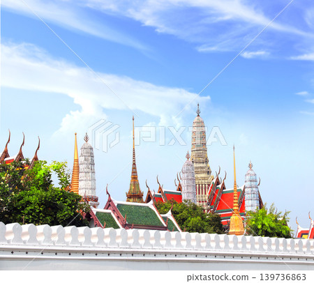Stupas and ancient pavilion in Wat Pho (Temple of the Reclining Buddha, Wat Phra Chetuphon) complex, sightseeing landmark of Bangkok, Thailand. Topic of vacation, travel, trip, cruises, tour 139736863