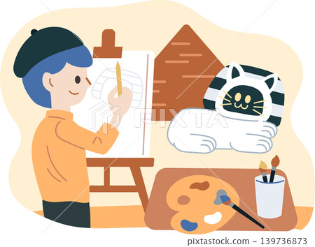 Boy artist painting AI cat robot as a model sphinx with pyramids illustration. Boy artist painting AI cat robot as a model sphinx with pyramids illustration. 139736873