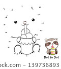 Connect The Dots and Draw Cute Raccoon. Dot to dot puzzle - little raccoon drinking a smoothie through a straw. Educational Game for Kids. Drawing for Preschool children. Vector Illustration EPS8 139736893