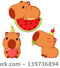 Baby collection of little capybara in different poses. Sweet baby animal in kawaii style. Set of cute cartoon pet. Can be used for t-shirt print, sticker, badge, greeting card design. Vector EPS8 139736894