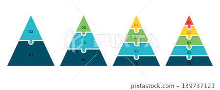 Infographic triangle pyramid chart set template 2-5 Level steps options. cycle diagram for funnel business presentation, vector illustration. Infographic triangle pyramid chart set template 2-5 Level steps options. cycle diagram for funnel business presentation, vector illustration. 139737121