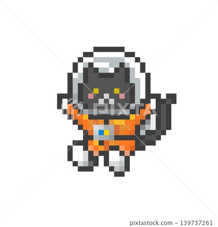A black cat in a zero-gravity spacesuit, rendered in pixel art. A black cat in a zero-gravity spacesuit, rendered in pixel art. 139737261