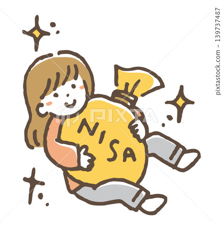 An illustration of a woman carefully holding a money bag labeled "NISA". An illustration of a woman carefully holding a money bag labeled "NISA". 139737487