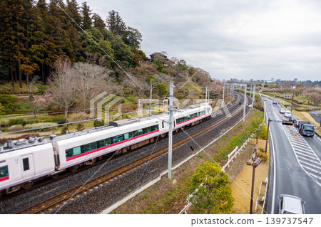 A Joban Line train passing by Mito Kairakuen Garden. 139737547