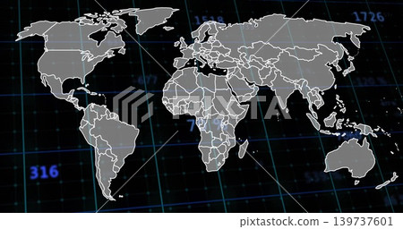 Displaying stylized world map with white outlines on digital dashboard showing blue grid, numerals Displaying stylized world map with white outlines on digital dashboard showing blue grid, numerals 139737601