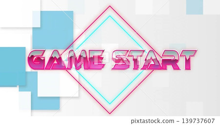Displaying centered GAME START text pulsing with neon diamond glow on splash screen, layered tiles Displaying centered GAME START text pulsing with neon diamond glow on splash screen, layered tiles 139737607