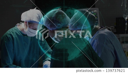 Operating surgeons in gowns and masks using instruments on sterile field in OR with digital globe Operating surgeons in gowns and masks using instruments on sterile field in OR with digital globe 139737621