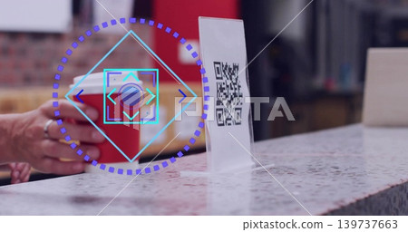 Grasping cup, hand with red sleeve moving on speckled cafe counter, QR sign overlay, copy space Grasping cup, hand with red sleeve moving on speckled cafe counter, QR sign overlay, copy space 139737663