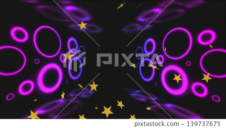 Glowing magenta and violet rings forming mirrored tunnel toward dark void, with golden stars Glowing magenta and violet rings forming mirrored tunnel toward dark void, with golden stars 139737675