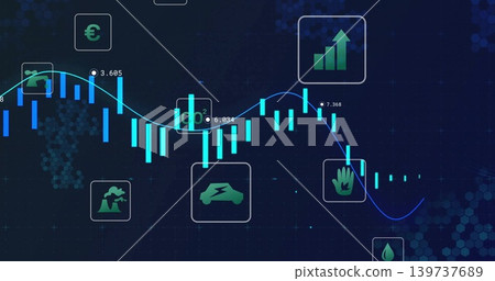 Displaying centered cyan candlesticks and glowing trend line on digital dashboard, icons visible Displaying centered cyan candlesticks and glowing trend line on digital dashboard, icons visible 139737689