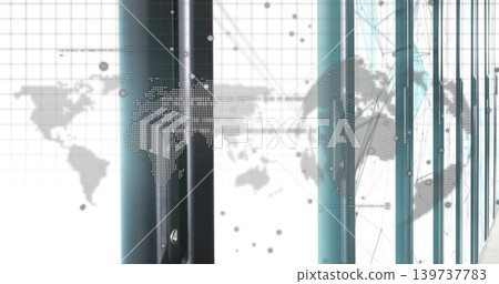 Displaying glass panels with teal mullions reflecting in office, with dotted world map overlay Displaying glass panels with teal mullions reflecting in office, with dotted world map overlay 139737783