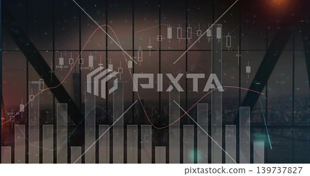 Displaying candlestick and volume bars over glass panes in high-rise, red and teal trend lines Displaying candlestick and volume bars over glass panes in high-rise, red and teal trend lines 139737827