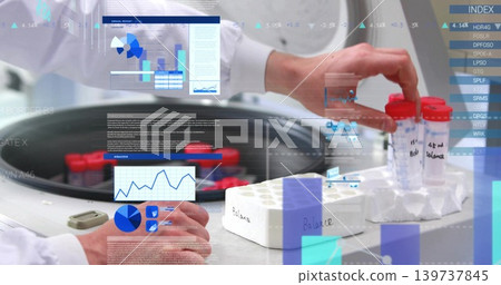 Handling red-capped tubes by white lab-coated hands at lab bench with centrifuge and Balance rack Handling red-capped tubes by white lab-coated hands at lab bench with centrifuge and Balance rack 139737845