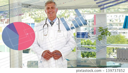 Standing middle-aged doctor wearing white lab coat and tie in clinic, with stethoscope, pie chart Standing middle-aged doctor wearing white lab coat and tie in clinic, with stethoscope, pie chart 139737852