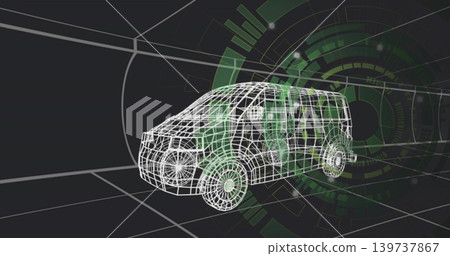 Rendering 3D wireframe van model in studio showing converging grid floor, neon segmented HUD rings Rendering 3D wireframe van model in studio showing converging grid floor, neon segmented HUD rings 139737867