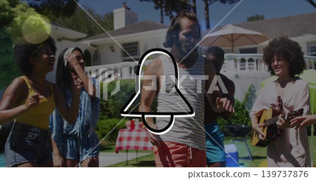 Stepping adult man wearing striped tank and red shorts on suburban lawn, guitar and bell overlay Stepping adult man wearing striped tank and red shorts on suburban lawn, guitar and bell overlay 139737876