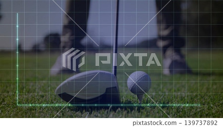 Preparing golfer's driver, ball on golf course tee area, wearing pants and golf shoes, HUD overlay Preparing golfer's driver, ball on golf course tee area, wearing pants and golf shoes, HUD overlay 139737892