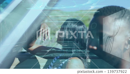 Resting woman passenger leaning on window frame in car, wearing striped tank top, showing DNA helix Resting woman passenger leaning on window frame in car, wearing striped tank top, showing DNA helix 139737922