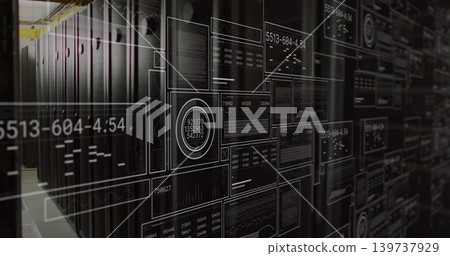 Overlaying HUD panels across data center corridor, showing server racks, yellow cable tray 139737929