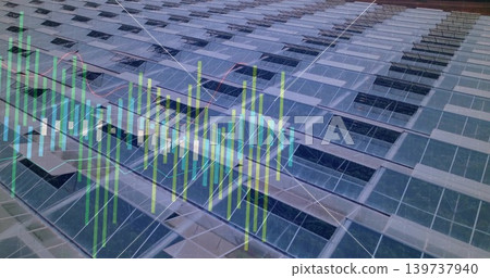 Showing glass facade tilting panes with mullions on office exterior, with financial chart overlay Showing glass facade tilting panes with mullions on office exterior, with financial chart overlay 139737940