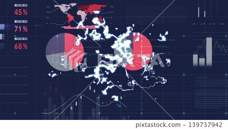 Displaying glowing white cluster on stylized map dashboard, showing red circles and metrics Displaying glowing white cluster on stylized map dashboard, showing red circles and metrics 139737942