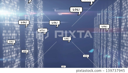 Floating many comic speech bubbles showing LOL! in virtual data aisle, with binary columns Floating many comic speech bubbles showing LOL! in virtual data aisle, with binary columns 139737945