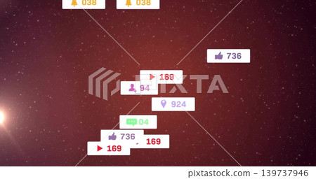 Floating cluster of social media notification badges showing icons with counters over red starfield 139737946