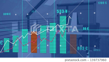 Showing financial charts overlaying office, showing stacked bars, white and red lines, desk monitor Showing financial charts overlaying office, showing stacked bars, white and red lines, desk monitor 139737960