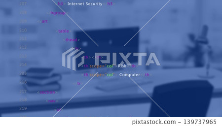Displaying flat-screen monitor in office showing keyboard and mouse, laptops, chair, HTML overlay Displaying flat-screen monitor in office showing keyboard and mouse, laptops, chair, HTML overlay 139737965