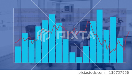 Displaying semi-transparent cyan bar chart, red line and grid in meeting room over table and chairs Displaying semi-transparent cyan bar chart, red line and grid in meeting room over table and chairs 139737966
