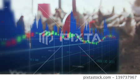 Overlaying market chart dominating plaza crowd, showing green red candles blue area line gridlines Overlaying market chart dominating plaza crowd, showing green red candles blue area line gridlines 139737967