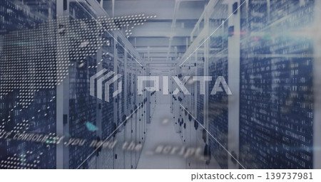 Displaying central server corridor in data center, with glass cabinets and streaming binary overlay Displaying central server corridor in data center, with glass cabinets and streaming binary overlay 139737981