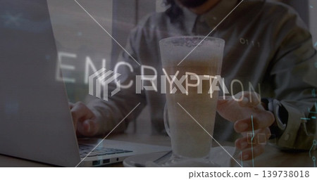 Seated man wearing light shirt checking laptop at cafe table beside frothy glass, ENCRYPTION text Seated man wearing light shirt checking laptop at cafe table beside frothy glass, ENCRYPTION text 139738018