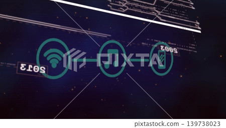 Displaying three teal icons Wi?Fi, music note, smartphone linked by line across dark HUD, code band 139738023