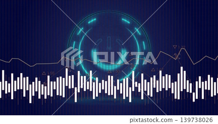 Glowing cyan power icon emitting halo on tech dashboard, displaying equalizer bars and line chart 139738026