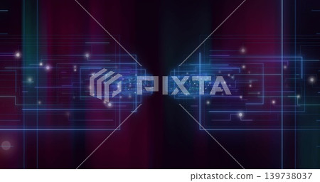 Featuring neonblue wireframe rectangles converging inward on maroon gradient with glowing nodes 139738037