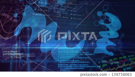 Flowing translucent blue 3D ribbon sweeping over market display, with line graphs and ticker data Flowing translucent blue 3D ribbon sweeping over market display, with line graphs and ticker data 139738063