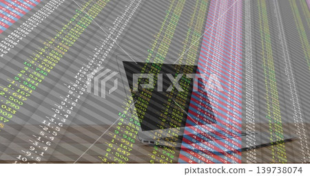 Showing silver laptop on wooden desk, with market numbers overlaying screen and diagonal stripes Showing silver laptop on wooden desk, with market numbers overlaying screen and diagonal stripes 139738074
