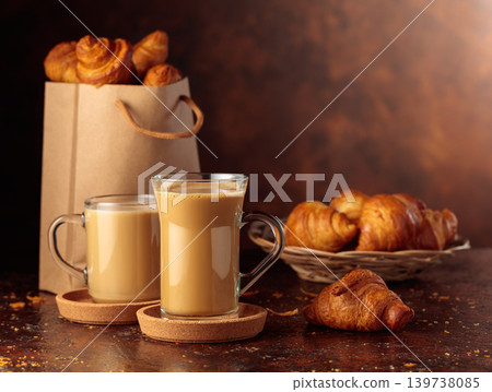 Coffee latte and croissants on a brown table. Coffee latte and croissants on a brown table. 139738085