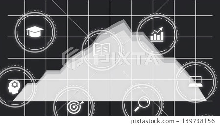 Displaying central light-gray area chart spanning center on dark grid, showing dotted icon badges Displaying central light-gray area chart spanning center on dark grid, showing dotted icon badges 139738156