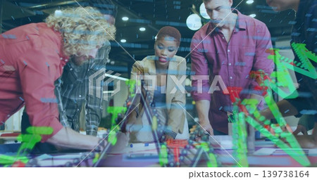Leading woman in beige blazer guiding 5-person team at table in office with charts green-red graphs Leading woman in beige blazer guiding 5-person team at table in office with charts green-red graphs 139738164