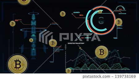 Displaying crypto HUD on dark grid pulsing with BTC icons, progress ring, rocket, copy space Displaying crypto HUD on dark grid pulsing with BTC icons, progress ring, rocket, copy space 139738169