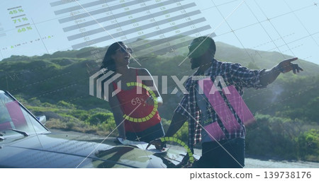 Leaning couple chatting and pointing at roadside with metal car, red top, sunglasses, cap, overlays Leaning couple chatting and pointing at roadside with metal car, red top, sunglasses, cap, overlays 139738176