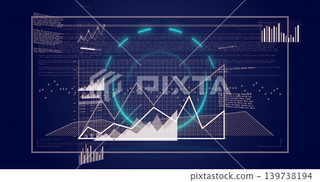 Showing futuristic dashboard with grid, line, area and bar charts on navy glowing cyan rings 139738194